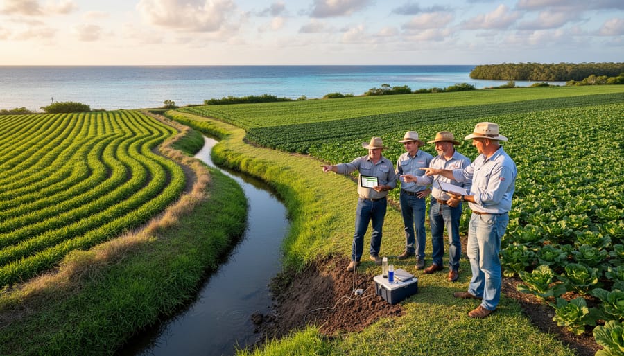Queensland farmer inspecting healthy sugarcane crop using sustainable farming practices