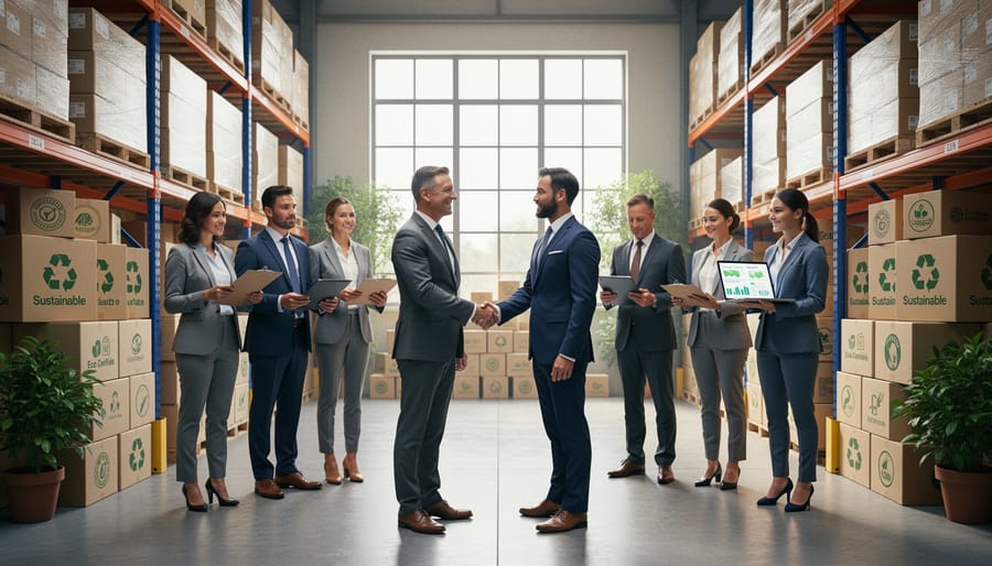 Business partners shaking hands in front of sustainable delivery logistics