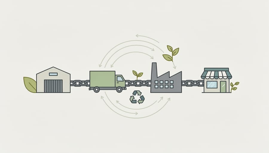 Overhead view of hands arranging sustainable supply chain concept blocks on desk