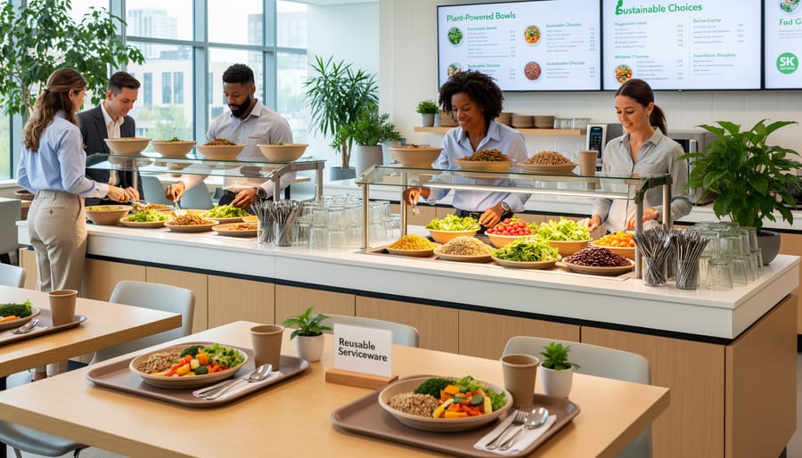 Office workers using reusable plates and cutlery in modern workplace cafeteria