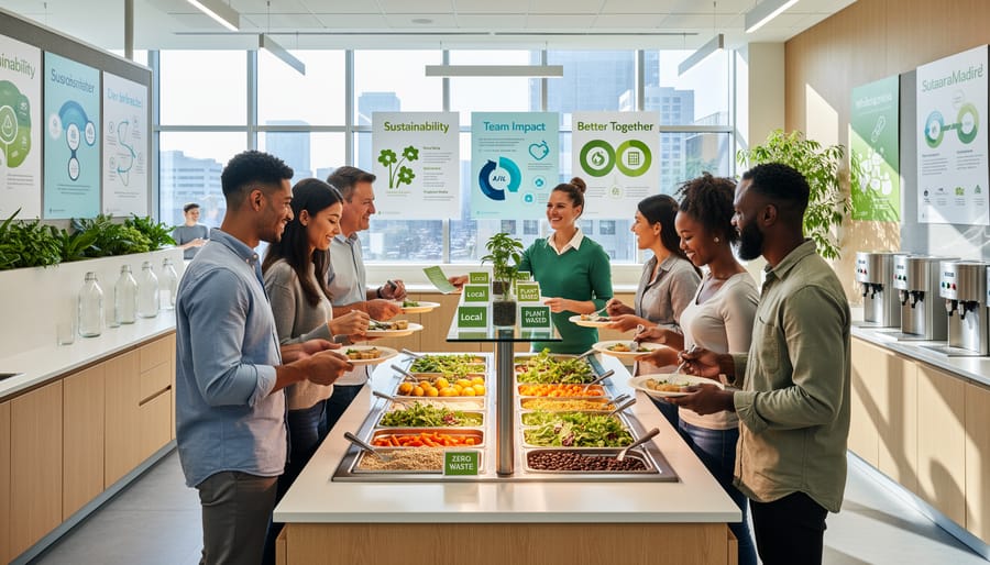 Diverse workplace team celebrating sustainable foodservice achievements in modern office kitchen