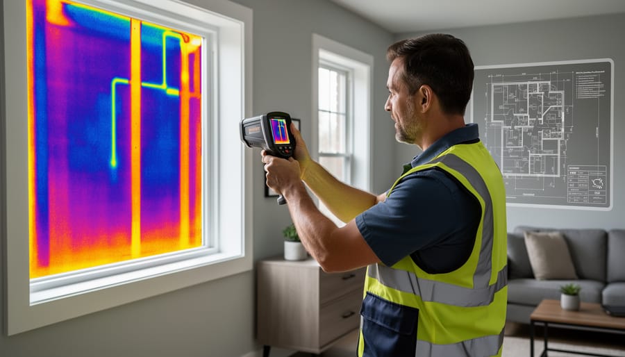 Energy auditor using thermal imaging camera to inspect home wall
