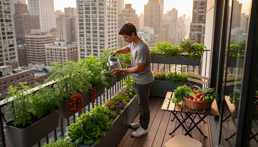 Hands planting seedlings in pots on city apartment balcony with urban skyline in background