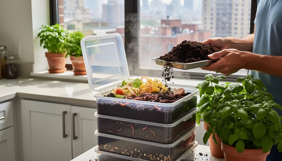 Close-up of red wriggler worms working through compost in urban worm farm system