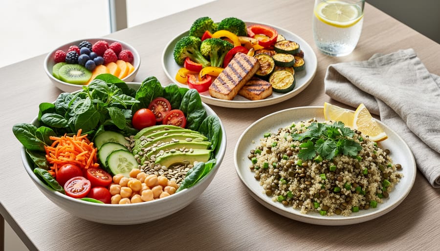 Overhead view of colorful vegetarian Buddha bowl with quinoa, chickpeas, and fresh vegetables