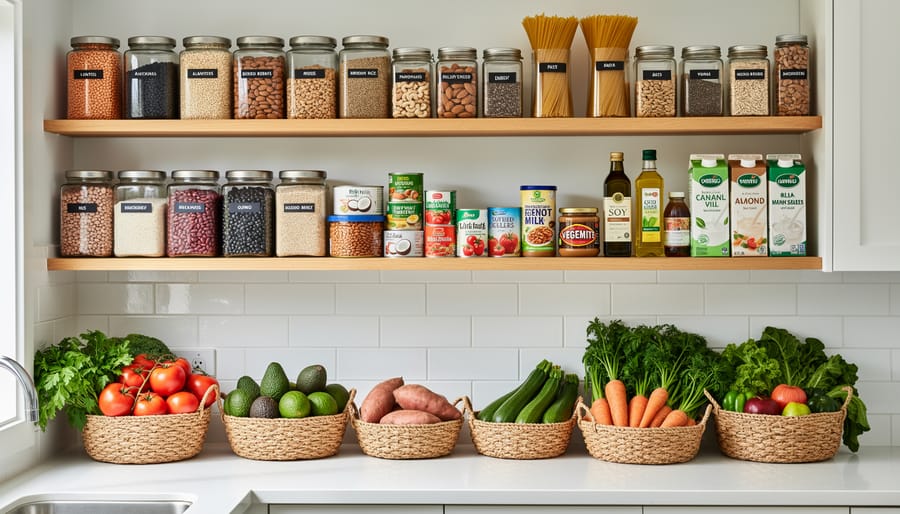 Organized pantry shelves with glass jars of plant-based staples including beans, lentils, and whole grains