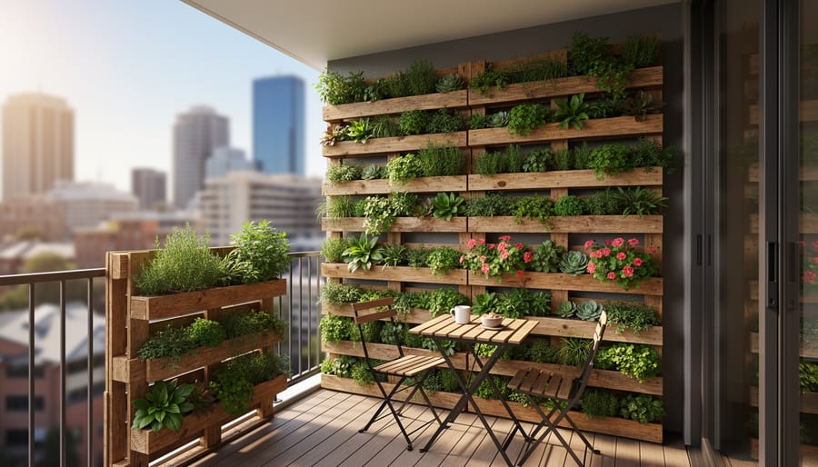 Vertical pallet planter mounted on wall with succulents and herbs growing