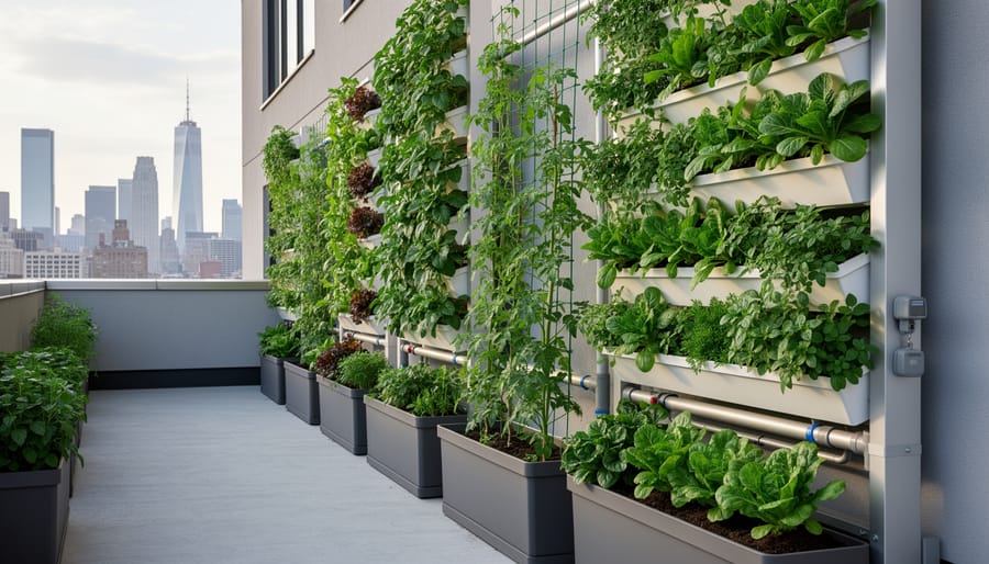 Vertical garden with climbing vegetables on balcony trellis in urban apartment setting