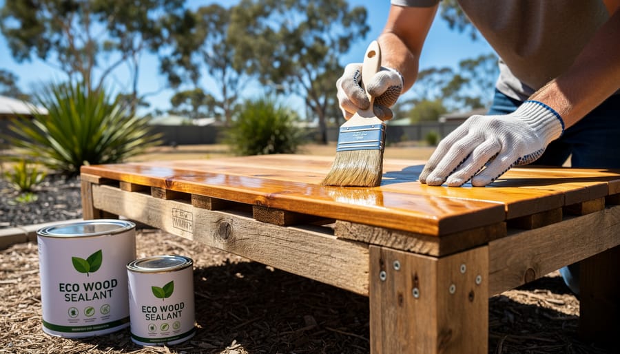 Hand applying weatherproof sealant to outdoor wooden furniture with brush