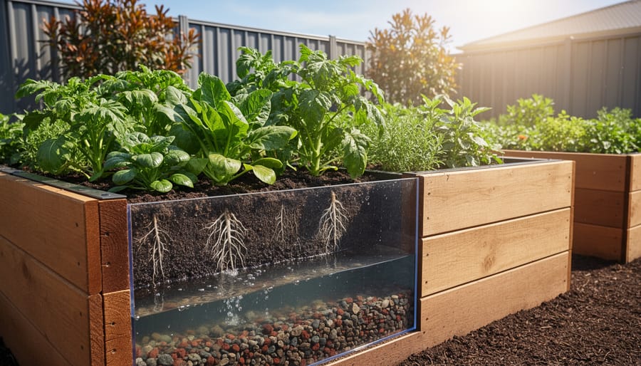 Wicking bed self-watering garden system with vegetables growing in urban setting