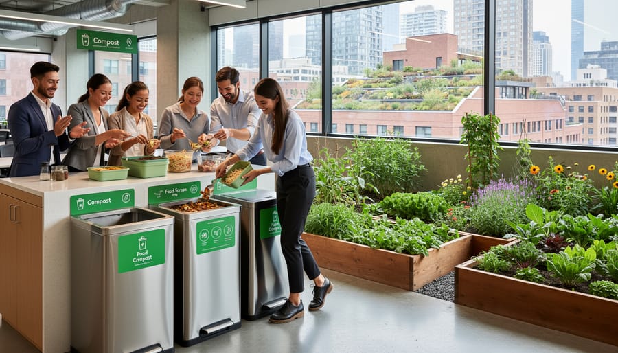Hands transferring kitchen food scraps into workplace composting bin