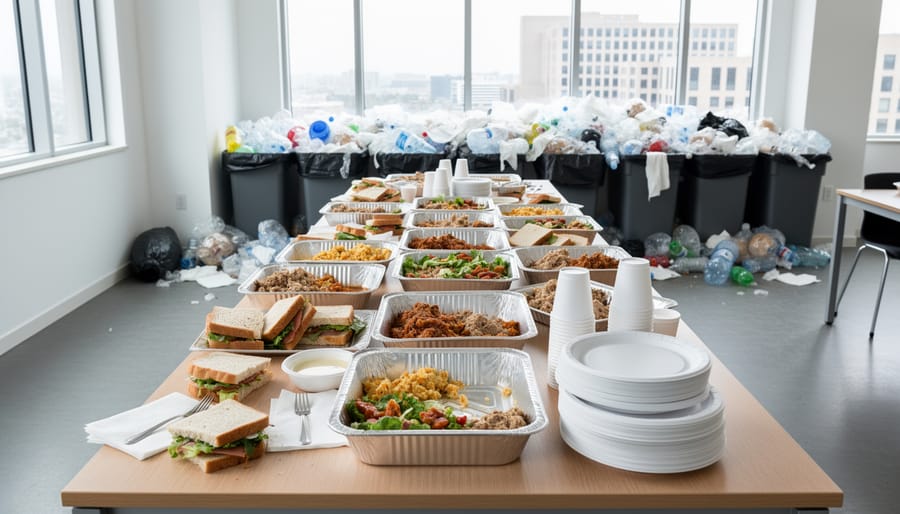 Overhead view of workplace kitchen waste bin filled with single-use containers and food waste