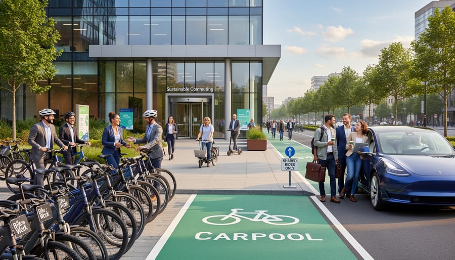 Group of office workers walking and cycling together on shared path