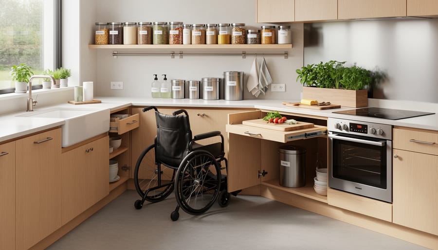 Person in wheelchair organizing reusable containers in accessible kitchen storage