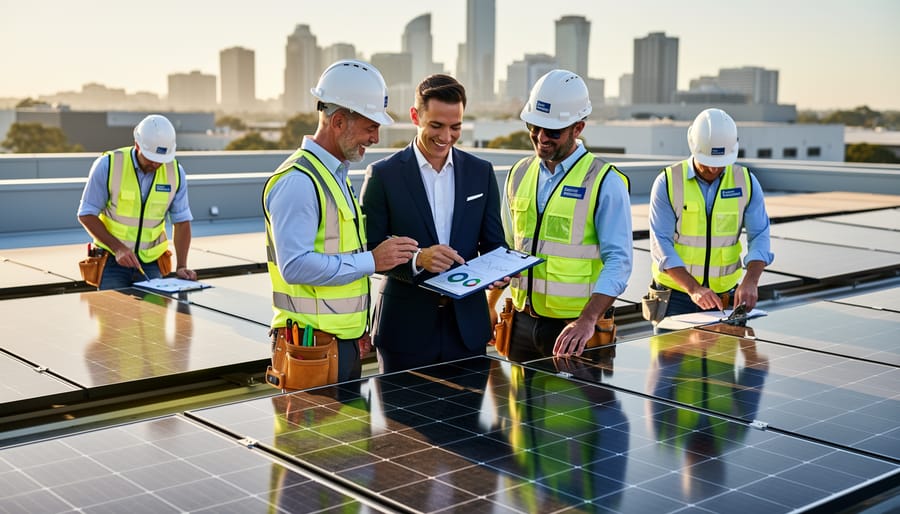 Business owner and certified solar installer reviewing commercial solar panel installation
