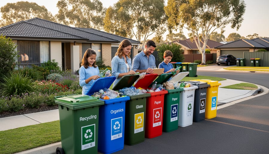 Family with multiple colored recycling bins in front of Australian suburban home