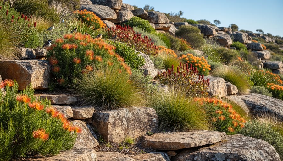 Established rock garden featuring Australian native plants growing between sandstone boulders