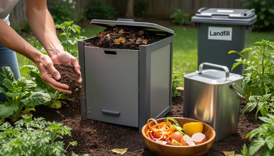 Hands adding vegetable scraps to backyard compost bin