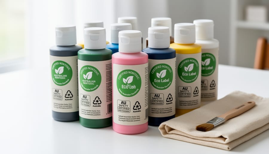 Collection of certified nontoxic fabric paint products with eco-friendly packaging and certification labels