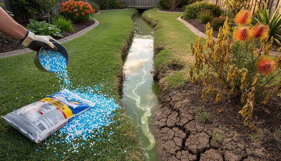 Close-up of chemical fertiliser granules on compacted garden soil
