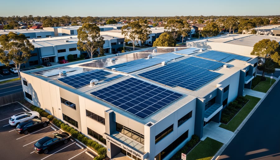 Aerial view of commercial building rooftop with rows of solar panels installed