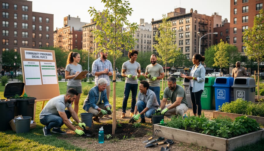 Neighbors gathering at community composting area sharing produce and conversation