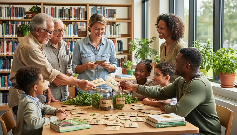Diverse group of people sharing seeds and gardening knowledge at a public library
