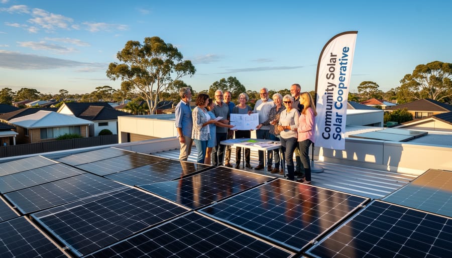 Group of people collaborating to install solar panels on residential rooftop
