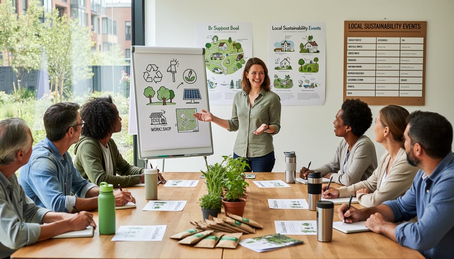 Group of people participating in outdoor community garden event with raised beds and native plants