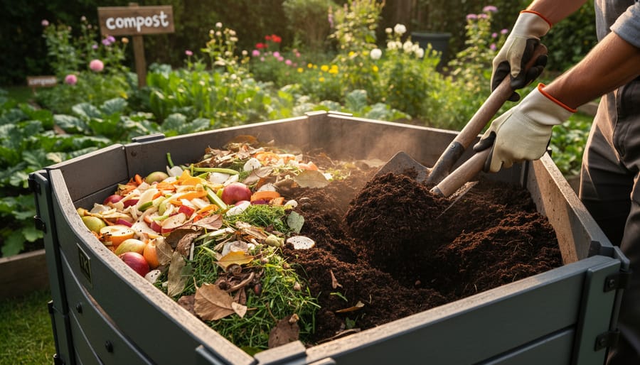 Close-up of hands holding dark compost with earthworms and organic matter