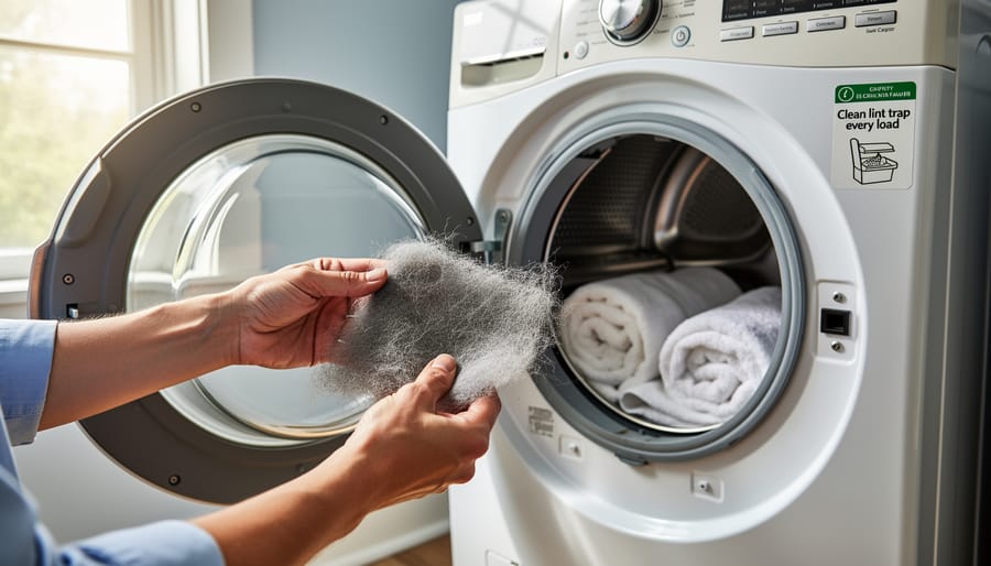Homeowner removing lint from dryer lint trap during routine maintenance