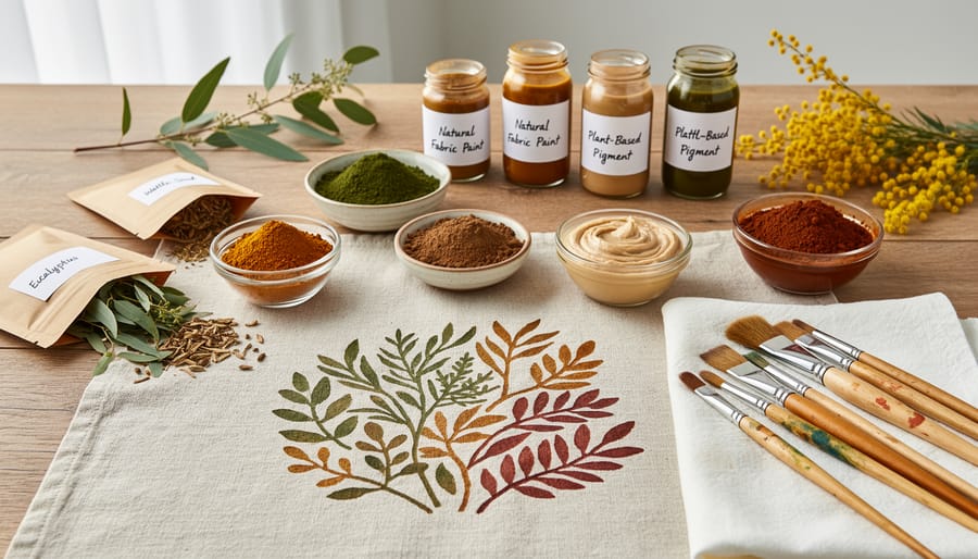 Natural fabric paint ingredients including plant-based pigments and Australian native materials arranged in glass bowls