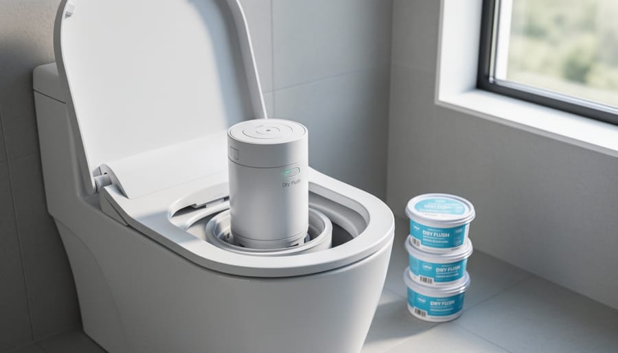 Close-up of hands installing replacement cartridge in dry flush toilet