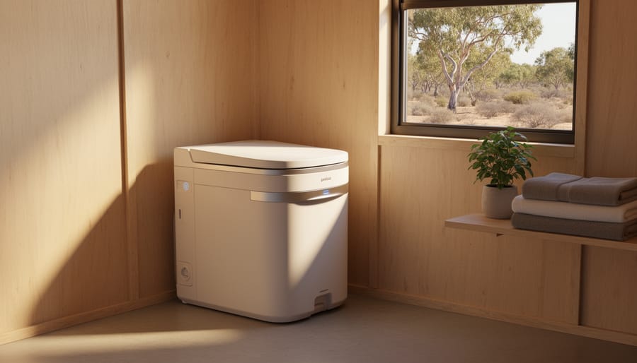 Modern dry flush toilet installed in timber cabin interior