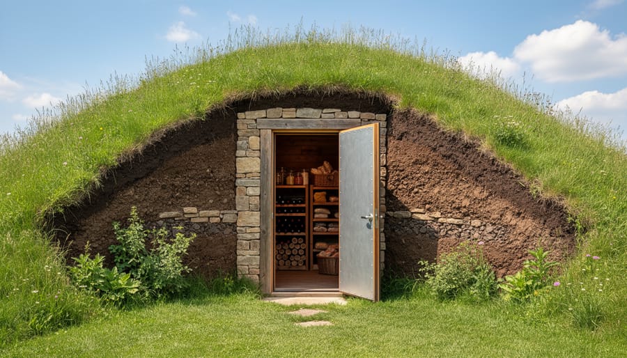 Earth-covered mound root cellar built into hillside with wooden entrance door