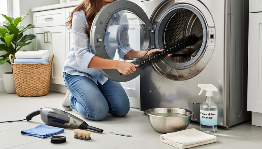 Hands holding eco-friendly dryer vent cleaning brush with natural bristles