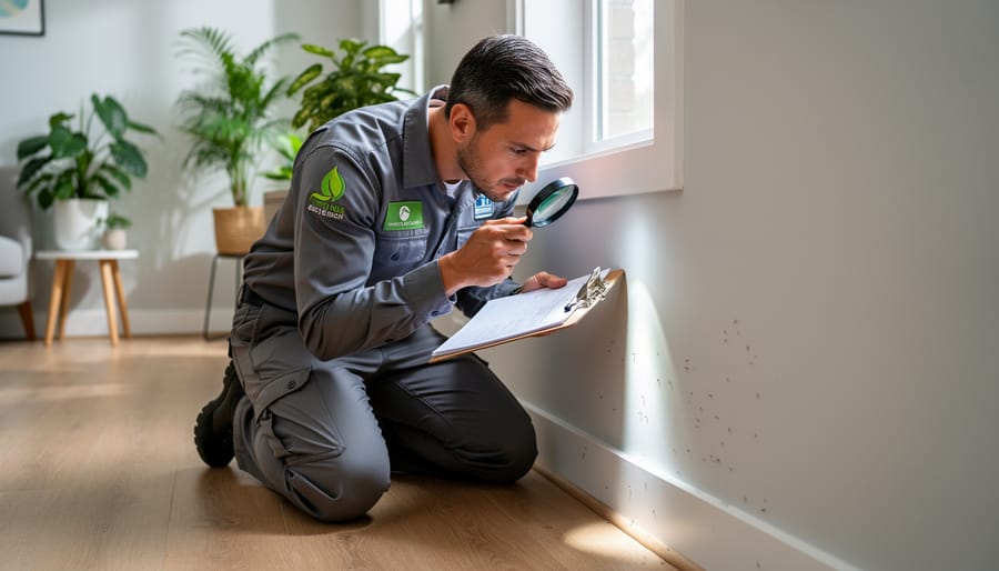 Pest control professional inspecting residential property with magnifying glass and documentation