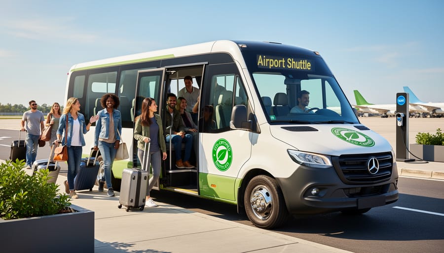 Family preparing to board eco-friendly shuttle service with professional driver