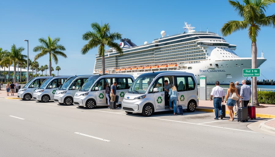 Eco-friendly hybrid shuttle van at Port Canaveral cruise terminal