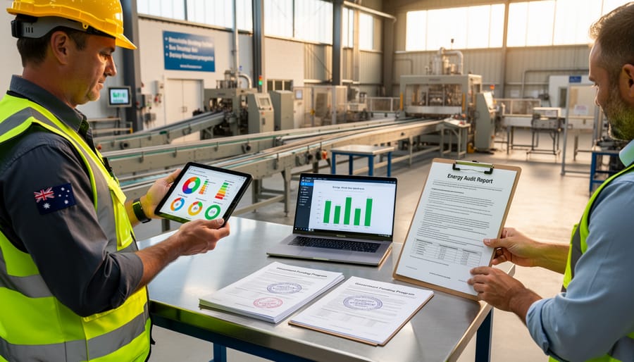 Industrial facility manager conducting energy assessment in Australian factory
