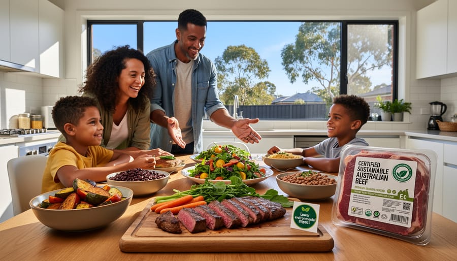 Australian family unpacking and examining sustainable meat purchases in home kitchen
