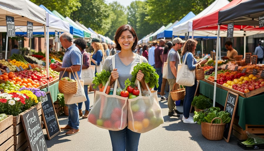 Hands holding reusable cotton bags filled with fresh vegetables at farmers market