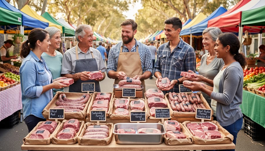 Butcher serving customer at farmers market stall with locally sourced sustainable meat