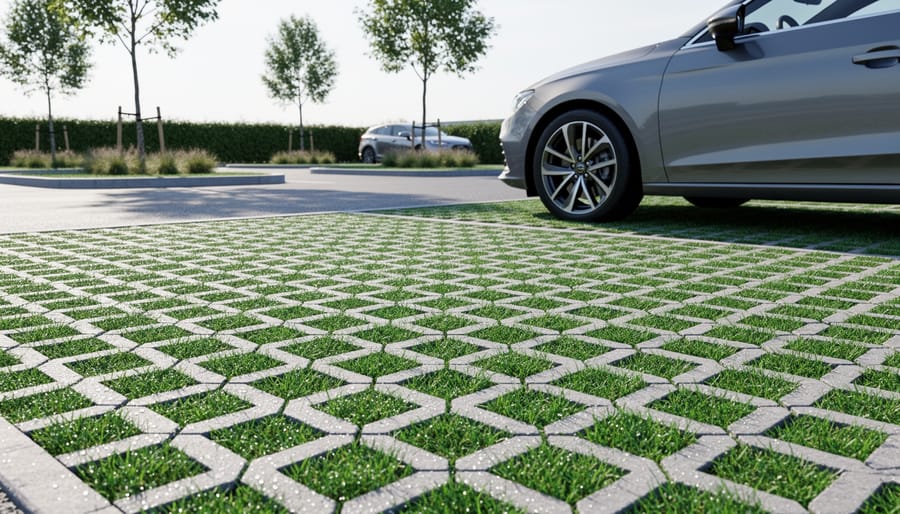 Grass growing through grid paver system creating a living driveway surface