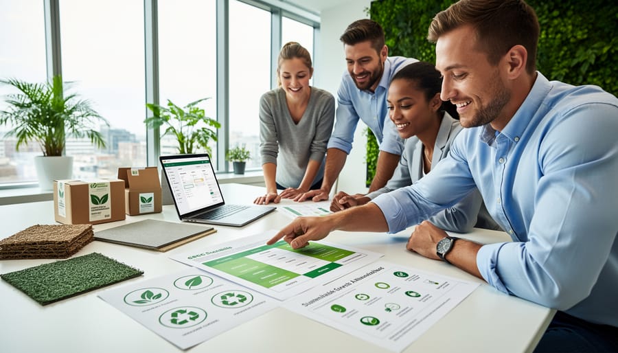 Business team members reviewing sustainable product samples on office table