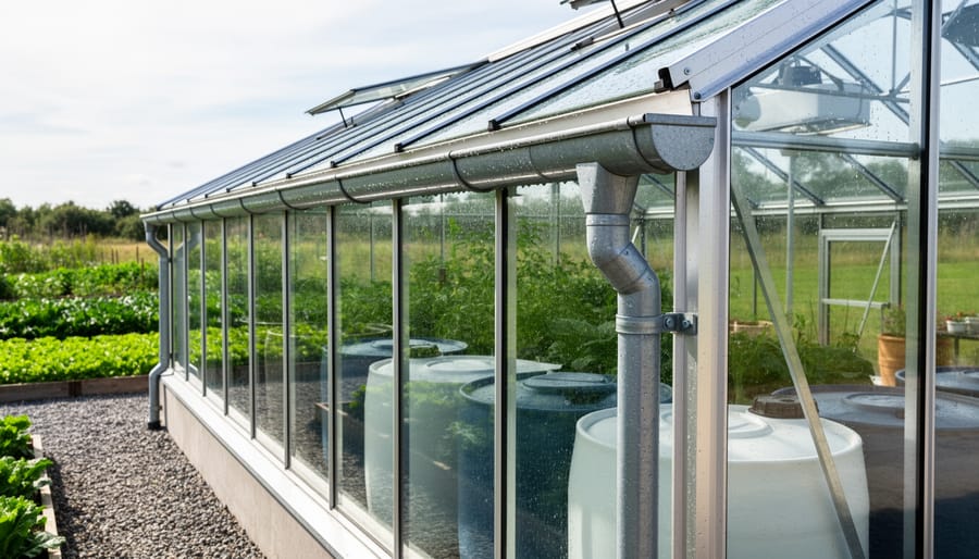 Close-up of gutter and downpipe installation on greenhouse frame