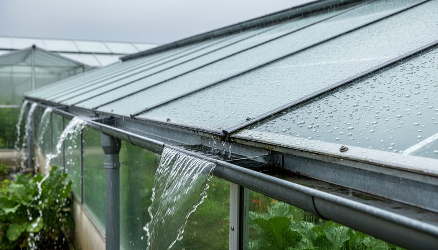 Rainwater flowing through gutters on greenhouse roof during rainfall with collection system attached