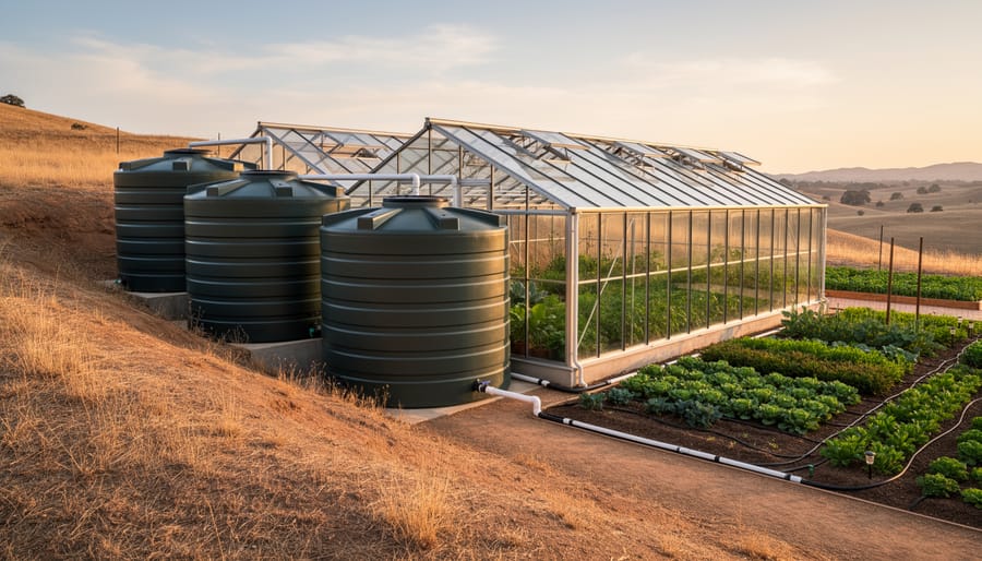 Water storage tank positioned next to greenhouse with connecting pipes for rainwater collection