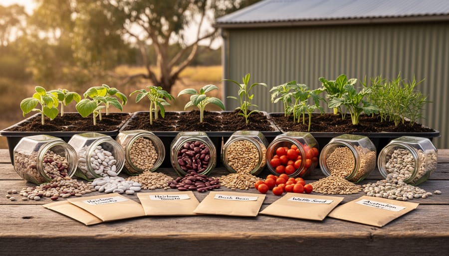 Close-up of diverse heirloom seeds held in cupped hands showing natural variety