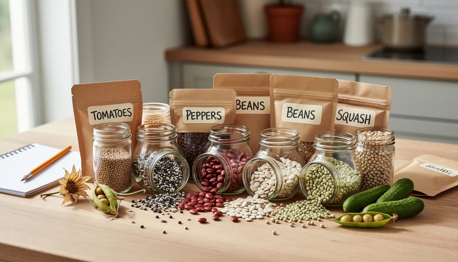 Gardener's hands holding assorted dried vegetable seeds including beans and tomatoes